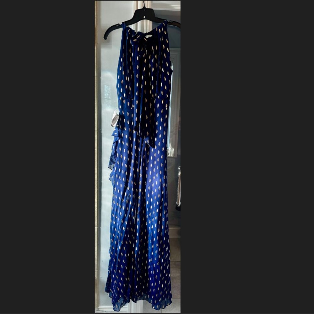 Betsy & Adam Navy Blue and Gold Sleeveless Halter Gown